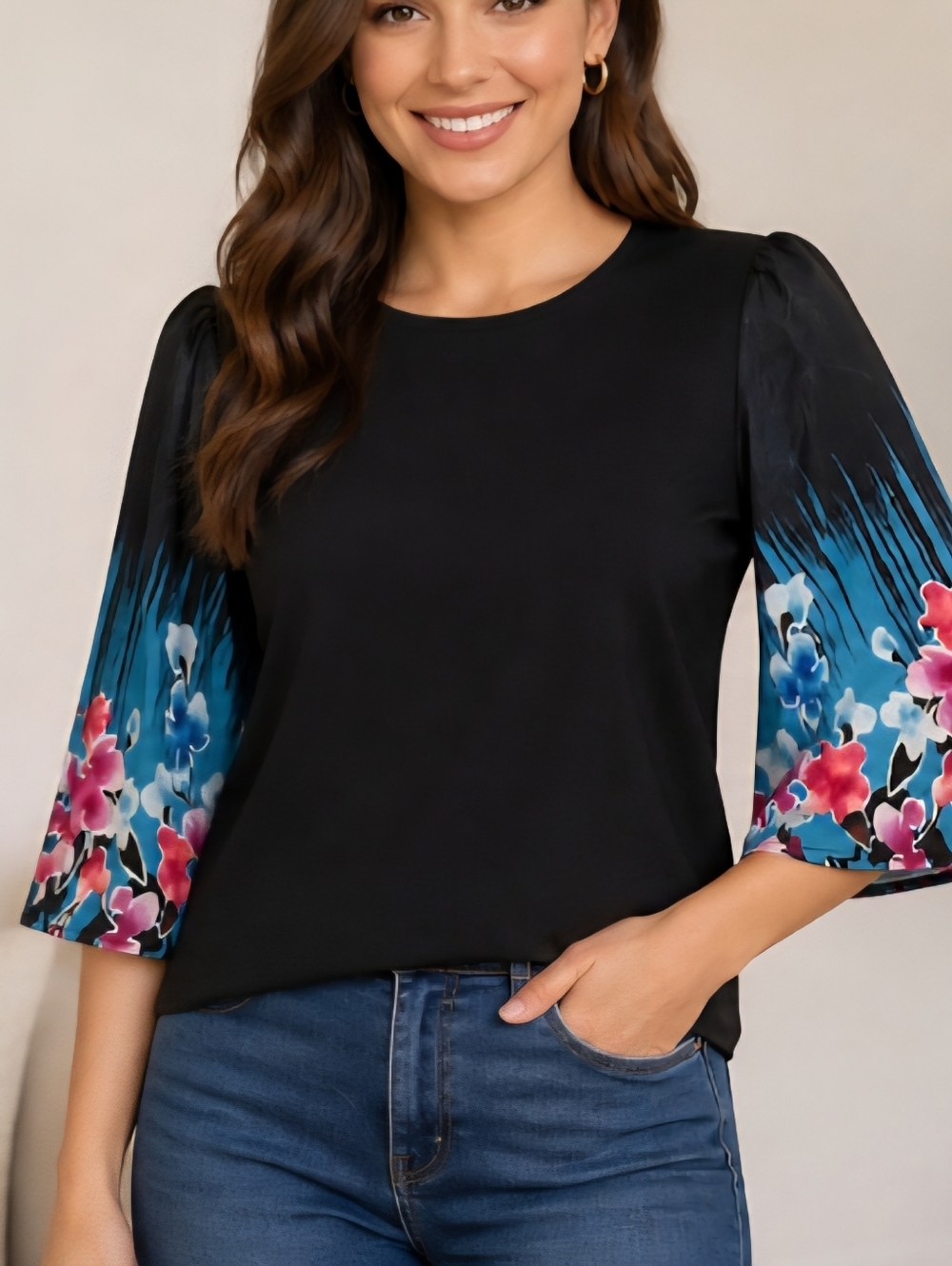 NWT Chico's Black Blouse Flaring 3/4 Length Floral Print Sleeve Size Large